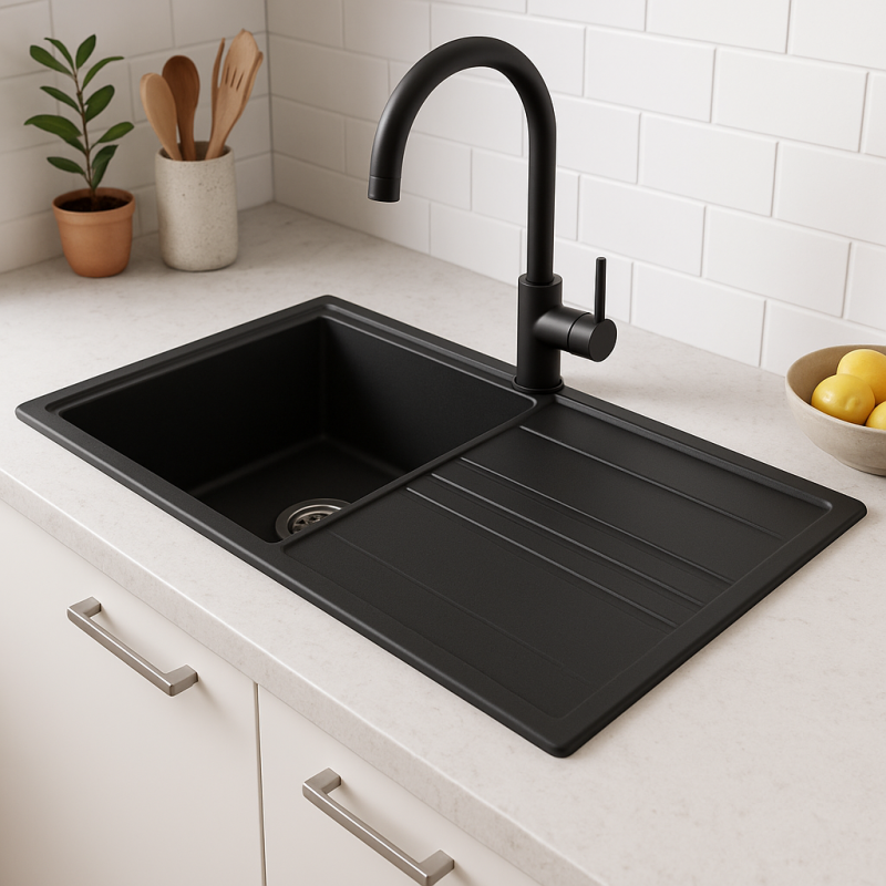 GraniteMy Vesi γρανίτης επιφάνειας μαύρος νεροχύτης 86x50cm με στάγδηνη αντίστροφη με πρίζα ανοξείδωτου χάλυβα 1208967279