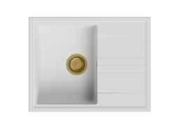 GraniteMy Βεσι επιφάνεια από γρανίτη λευκού νεροχύτη 64x50cm με στραγγιστήρα αναστρέψιμο με χρυσό (βουρτσισμένος χάλκινος) πώμα 1208967300