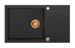 Quadri Luton μαύρος γρανίτης μεγάλος επιτραπέζιος νεροχύτης με επιφάνεια αποστράγγισης, αναστρέψιμος 86x50cm με χάλκινο βύσμα 1208967326