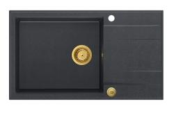 Quadri Luton ανθρακί γρανίτης μεγάλη εντοιχιζόμενη νεροχύτης με επιφάνεια αποστράγγισης αναστρέψιμη 86x50cm με χρυσό βύσμα 1208967334