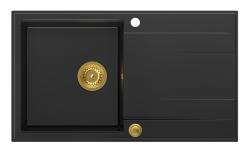 Quadri Luton μαύρος γρανιτένιος εντοιχισμένος νεροχύτης με επιφάνεια αποστράγγισης, αναστρέψιμος 86x50cm, με χρυσό βύσμα 1208967336