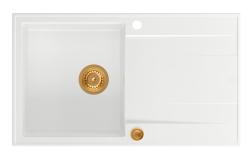 Quadri Luton λευκός γρανιτένιος επιτραπέζιος νεροχύτης με επιφάνεια αποστράγγισης, αναστρέψιμος 86x50cm με χάλκινη τάπα 1208967339