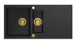 Quadri Luton μαύρος γρανιτένιος επάνω πάγκος 1,5 νεροχύτη με επιφάνεια στραγγίσματος, αναστρέψιμος 100x50cm με χρυσό βύσμα 1208967346
