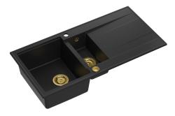 Quadri Luton μαύρος γρανιτένιος επάνω πάγκος 1,5 νεροχύτη με επιφάνεια στραγγίσματος, αναστρέψιμος 100x50cm με χρυσό βύσμα 1208967346