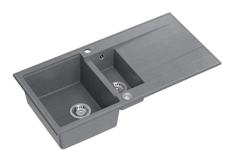 Quadri Luton γκρι γρανιτένιος εντοιχισμένος νεροχύτης 1,5 γούρνας με επιφάνεια αποστράγγισης, αναστρέψιμος 100x50cm με ανοξείδωτο πώμα 1208967350