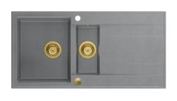 Quadri Luton γκρι γρανιτένιος νεροχύτης επιφάνειας με 1,5 γούρνες και επιφάνεια αποστράγγισης, αναστρέψιμος 100x50cm με χρυσή τάπα 1208967351.