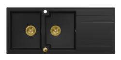 Quadri Luton διπλός νεροχύτης γρανίτη μαύρος με αποστραγγιστική επιφάνεια 116x50 cm με χρυσό πώμα 1208967356.