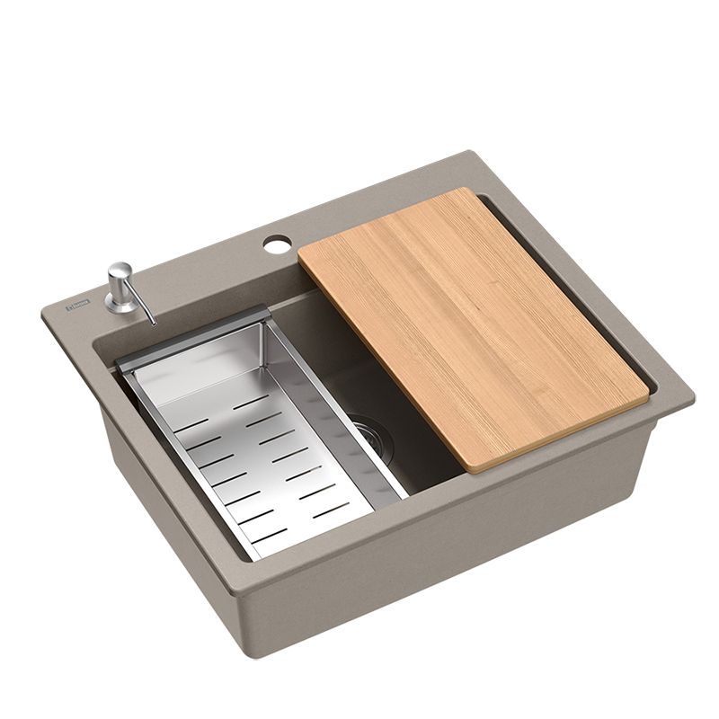 Quadri Durham ταυπέ γρανίτης επιφάνειας νεροχύτης 595x500 με διανομέα σαπουνιού, κοπτική επιφάνεια, εσωτερικό νεροχύτη και ρολό ματ 1208967376