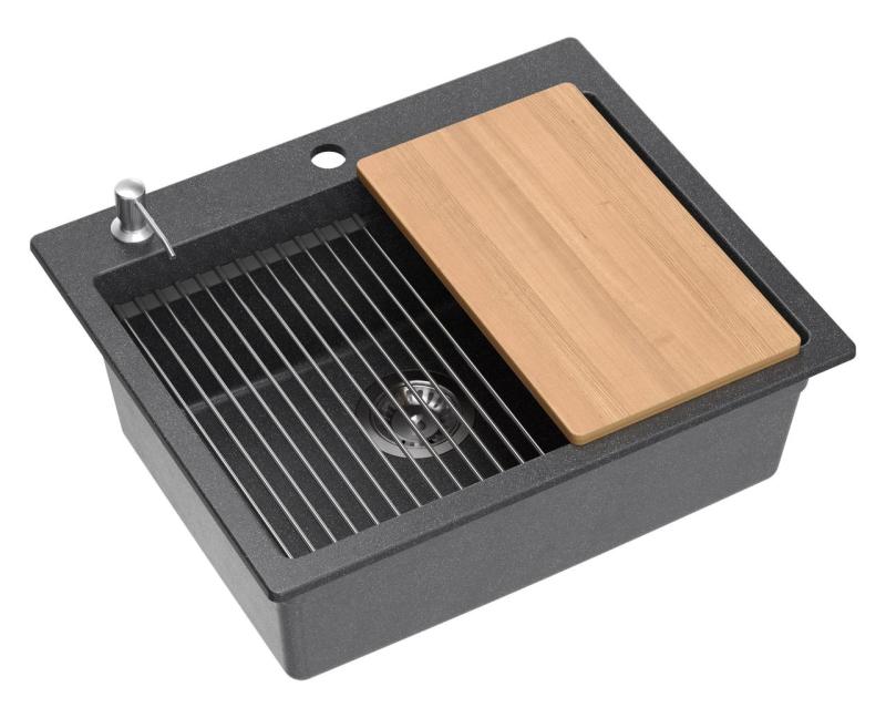 Quadri Durham ανθρακί γρανίτης επιφανειακός νεροχύτης 595x500 με διανομέα σαπουνιού, κοπτική σανίδα, εσωτερικό νεροχύτη και ρολό ματ 1208967379