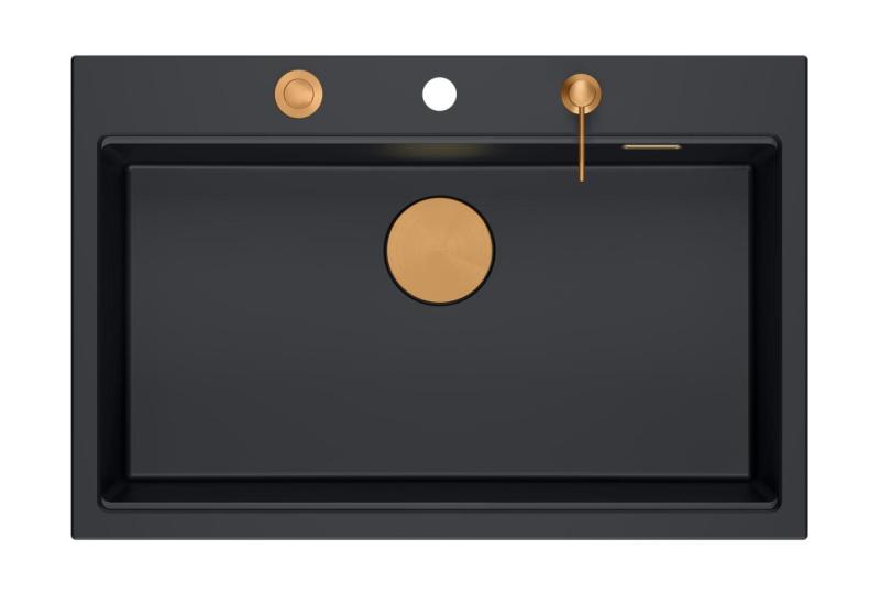 Quadri Hard Rock μαύρος ματ γρανίτης επιφάνεια μεγάλου νεροχύτη 76x50cm με χάλκινη τάπα και αξεσουάρ 1208967423