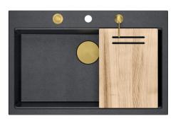 Quadri Hard Rock ανθρακί γρανίτης νεροχύτης επιφάνειας 76x50cm συμπεριλαμβανομένου χρυσού βύσματος και αξεσουάρ 1208967444