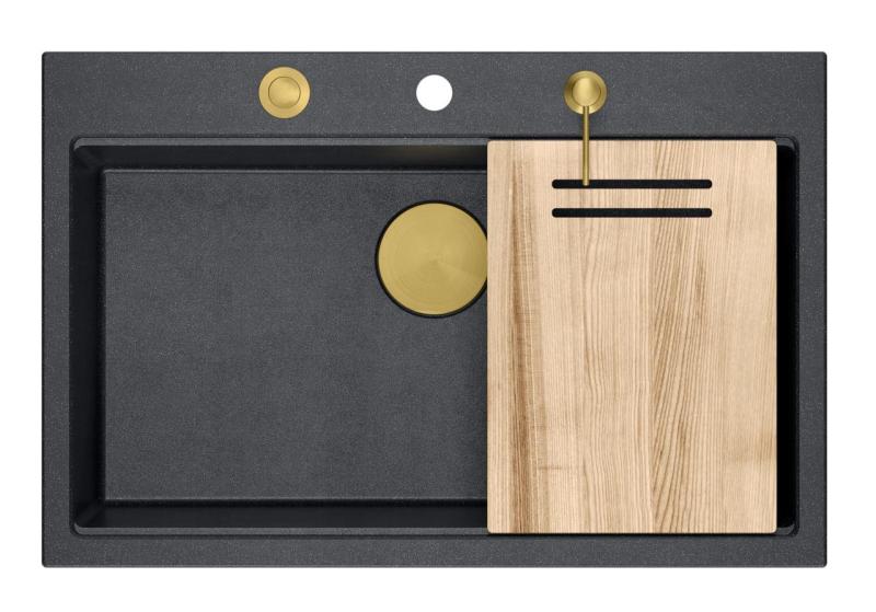 Quadri Hard Rock ανθρακί γρανίτης νεροχύτης επιφάνειας 76x50cm συμπεριλαμβανομένου χρυσού βύσματος και αξεσουάρ 1208967444