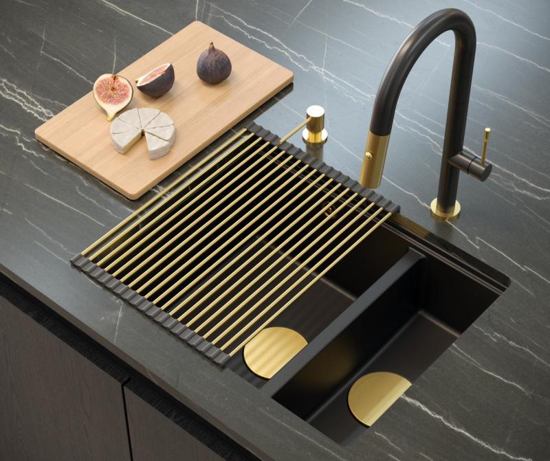 Quadri Newport II μαύρος 1,5 νεροχύτης γρανίτη επιφάνειας και υποδοχής 555x460mm με χρυσό πώμα 1208967464