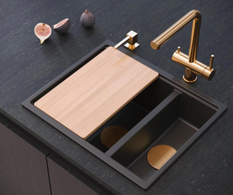 Quadri Newport II μαύρο 1,5 νεροχύτης γρανίτη επιφάνειας και εντοιχισμένος νεροχύτης 555x460mm με χάλκινο πώμα 1208967465