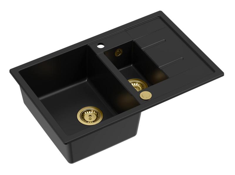 Quadri Brenton μαύρος γρανίτης εντοιχισμένη 1,5 γούρνα με επιφάνεια αποστράγγισης 78x50cm με χρυσό βύσμα 1208967554