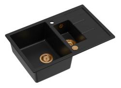 Quadri Brenton μαύρος γρανιτένιος νεροχύτης 1,5 γούρνας με επιφάνεια αποστράγγισης 78x50cm με χάλκινο βύσμα 1208967555