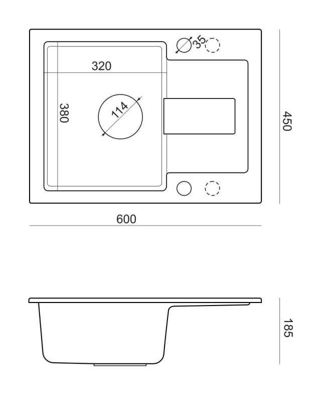 Quadri Sutton Ανθρακί Γρανίτης Νεροχύτης 60x45cm με Επιφάνεια Στραγγίσματος, Αναστρέψιμος με Μαύρο Πώμα - 1208967586