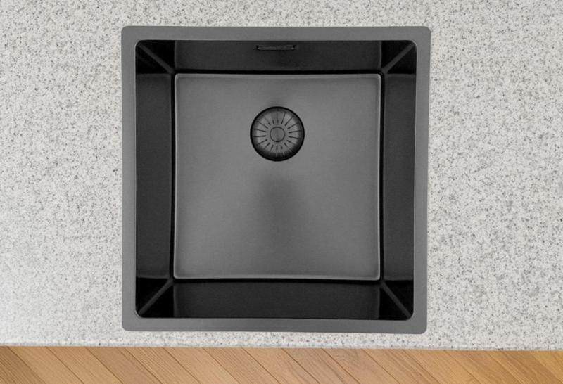 Pure.Sink Prestige νεροχύτης 40x40 cm PVD Gun Metal, ακτίνα 10 mm, για υποκατασκευή, επίπεδη ενσωμάτωση και επιφάνεια εγκατάστασης PPG4040-61