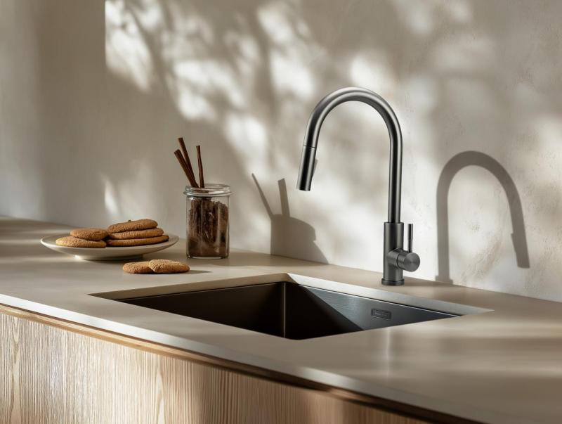 Pure.Sink Prestige νεροχύτης 40x40 cm PVD Gun Metal, ακτίνα 10 mm, για υποκατασκευή, επίπεδη ενσωμάτωση και επιφάνεια εγκατάστασης PPG4040-61