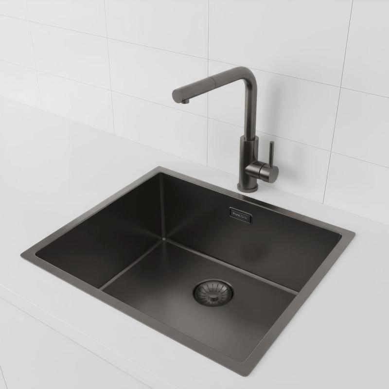 Pure.Sink Prestige νεροχύτης 50x40 cm PVD Gun Metal, ακτίνα 10 mm, για υποκατασκευή, επίπεδη ενσωμάτωση και επιφάνεια εγκατάστασης PPG5040-61