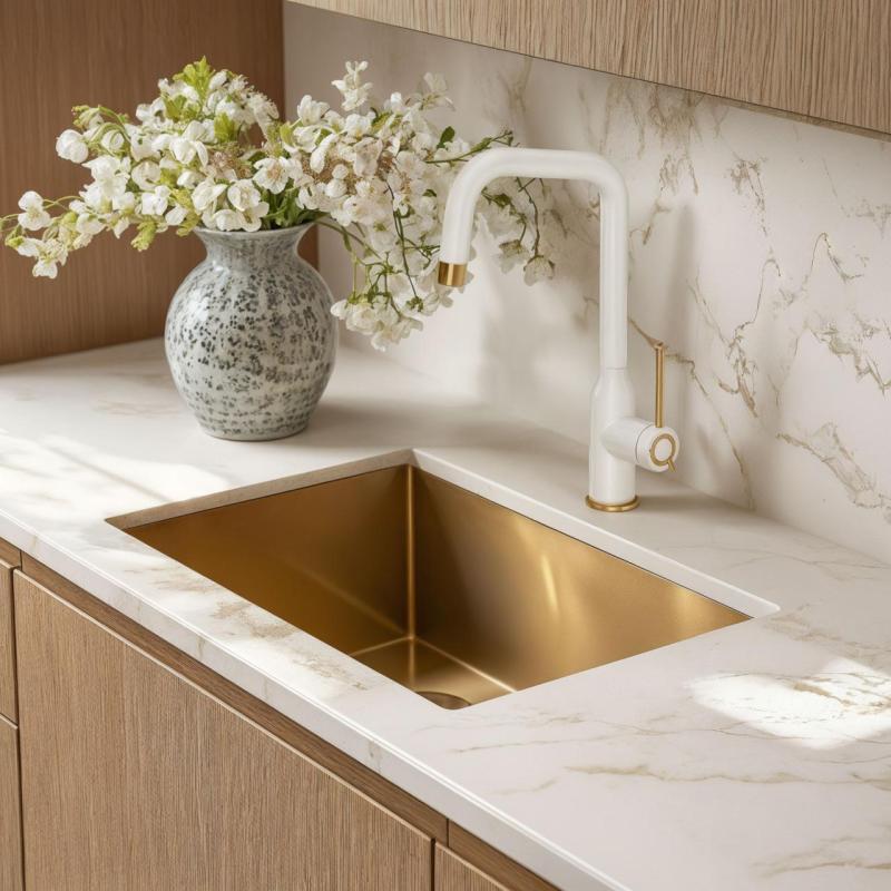 Quadri Stamford Μπαταρία Κουζίνας Λευκή με Χρυσό Φινίρισμα PVD και Περιστρεφόμενο Γωνιακό Ράμφος 1208967697