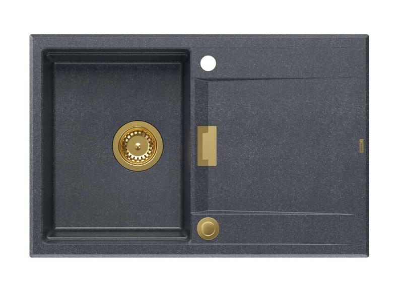 Quadri Minton Γρανίτης Πάνω Πάγκου Ανθρακί Νεροχύτης 76x50cm με Στραγγιστήρι Αναστρέψιμο και Χρυσό Βύσμα - 1208967745