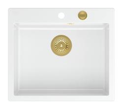 Quadri Sheffield Λευκός Γρανιτένιος Νεροχύτης Επικαθήμενος ή Εντοιχισμένος 57x50 cm με Πάγκο για Βρύση και Χρυσή Βαλβίδα - 1208967817