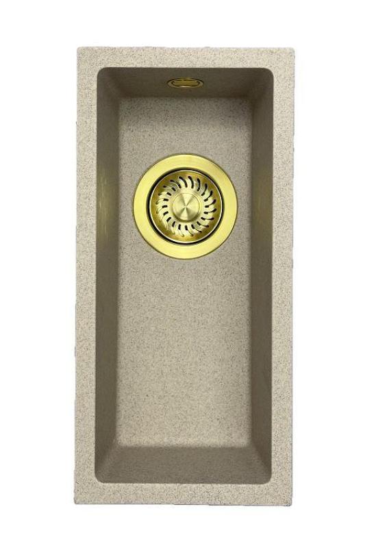 GraniteMy Universal γρανίτης μπεζ άμμος μικρό νεροχύτη 17x40 εκατοστά επιφανειακή, κάτω από την επιφάνεια και εντοιχιζόμενη με χρυσή βύσμα 1208968003