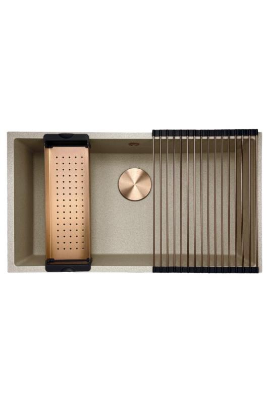 GraniteMy Universal γρανιτένιο μπεζ νεροχύτη 74x40 cm επιτραπέζιο και ενσωματωμένο με χαλκό βύσμα 1208968019