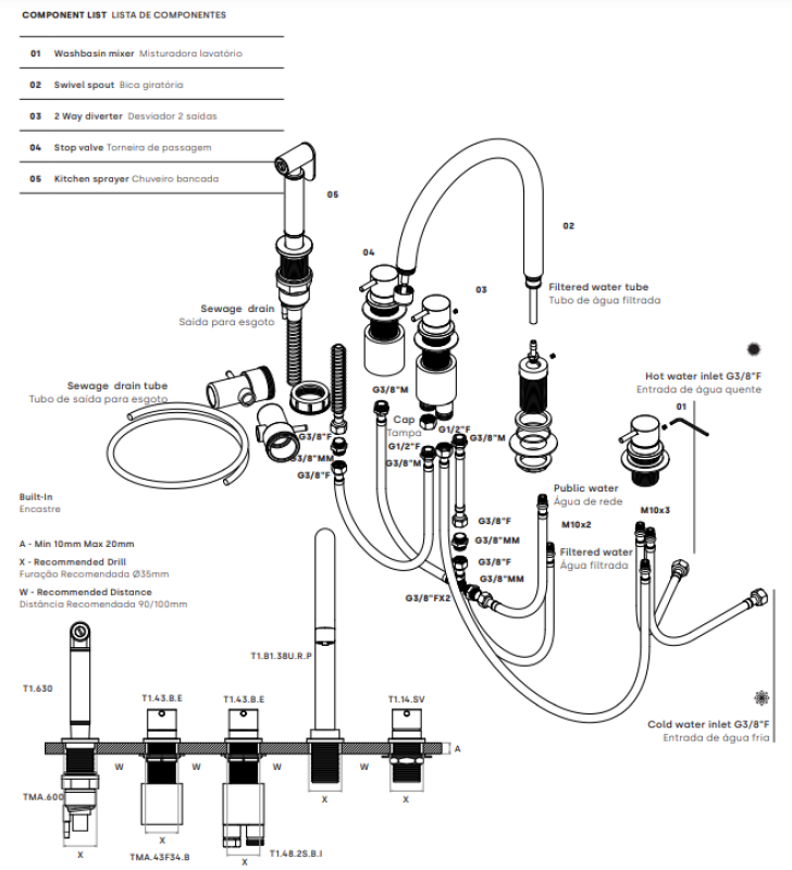 Water Evolution Flow 5-οπών μίκτης κουζίνας με αποσπώμενο ψεκαστήρα και σύνδεση για φιλτραρισμένο νερό λευκό T154UBR