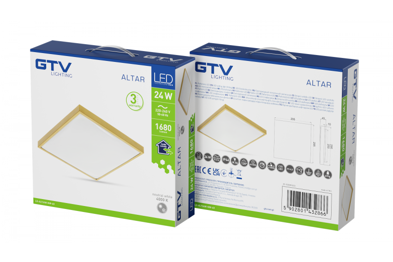 ALTAR LED Οροφής Φωτιστικό, 295x295mm, 4000K, 24W, 1680lm, AC180-250V, 50/60 Hz, PF>0.5, IP44, Χρυσό χρώμα, 3 χρόνια εγγύηση.