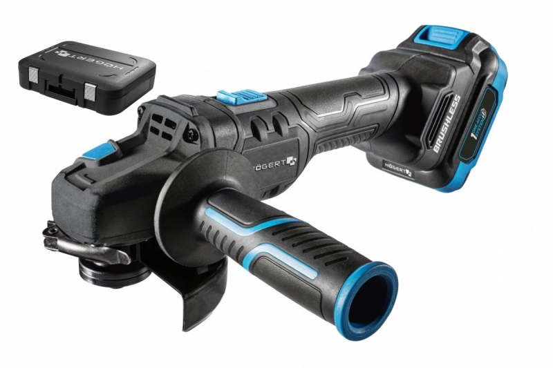 HÖGERT Ασύρματος γωνιακός τροχός με διακόπτη πεντάλ, 125MM, 18V, σετ με μπαταρία, φορτιστή, αξεσουάρ