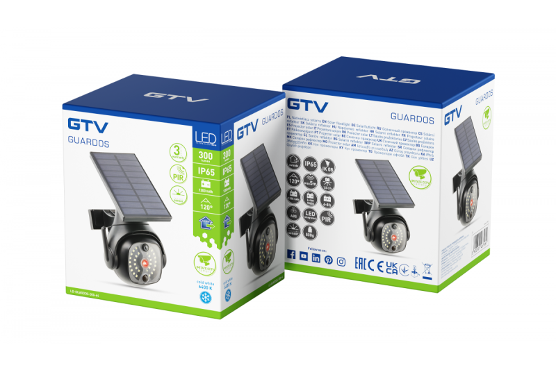 Φως ηλιακής πλημμύρας με αισθητήρα κίνησης και ανατολής GUARDOS, LED, 300lm, 6400K, 1200mAh, IP65, ψεύτικη κάμερα