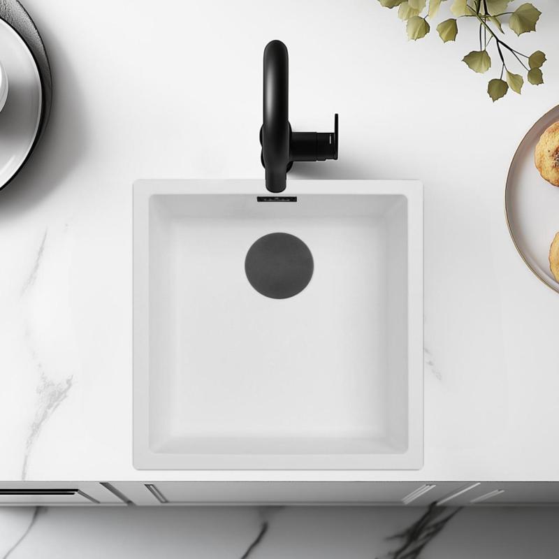 Λευκός Νεροχύτης 40x40 cm Υποκατασκευή, Επιφάνεια και Ενσωματωμένη Κατασκευή με Μαύρο Ματ Βαλβίδα 1208970535