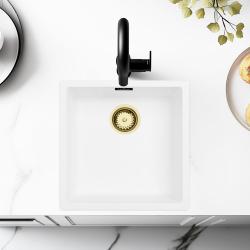 Λευκός νιπτήρας 40x40 εκ. Υποκατασκευή, Επικατασκευή και Επίπεδη ενσωμάτωση με χρυσή βύσμα 1208970537