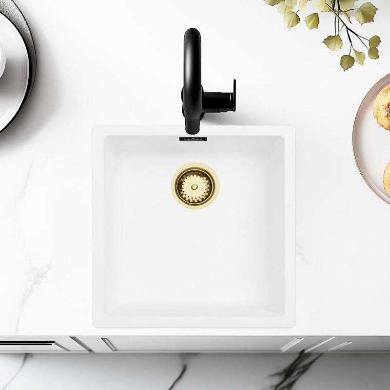 Λευκός νιπτήρας 40x40 εκ. Υποκατασκευή, Επικατασκευή και Επίπεδη ενσωμάτωση με χρυσή βύσμα 1208970537