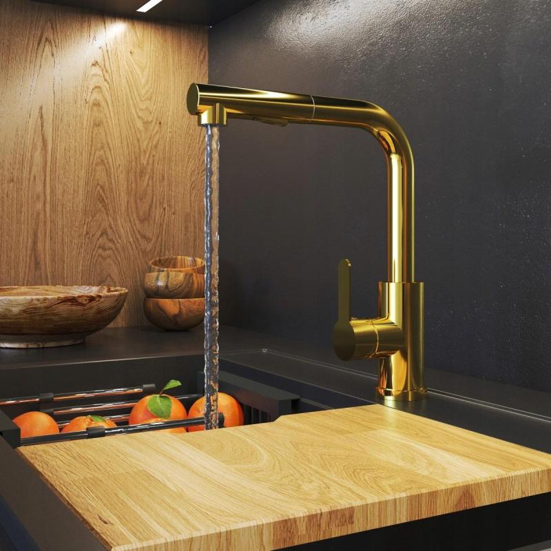 Graniteland Celeste Μπαταρία κουζίνας χρυσή με αποσπώμενο στόμιο και διπλή λειτουργία χειροκίνητης ντουζιέρας 1208970664