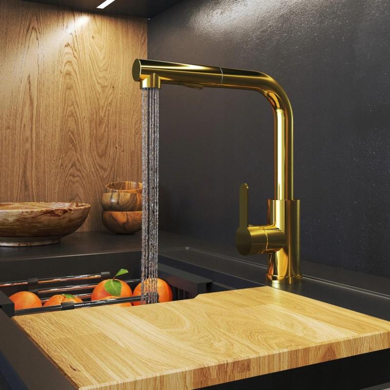 Graniteland Celeste Μπαταρία κουζίνας χρυσή με αποσπώμενο στόμιο και διπλή λειτουργία χειροκίνητης ντουζιέρας 1208970664