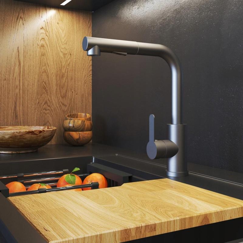Graniteland Celeste Μπαταρία Κουζίνας Gun metal με Επεκτεινόμενο Ρύγχος και Διπλής Λειτουργίας Ντους Χεριού 1208970666