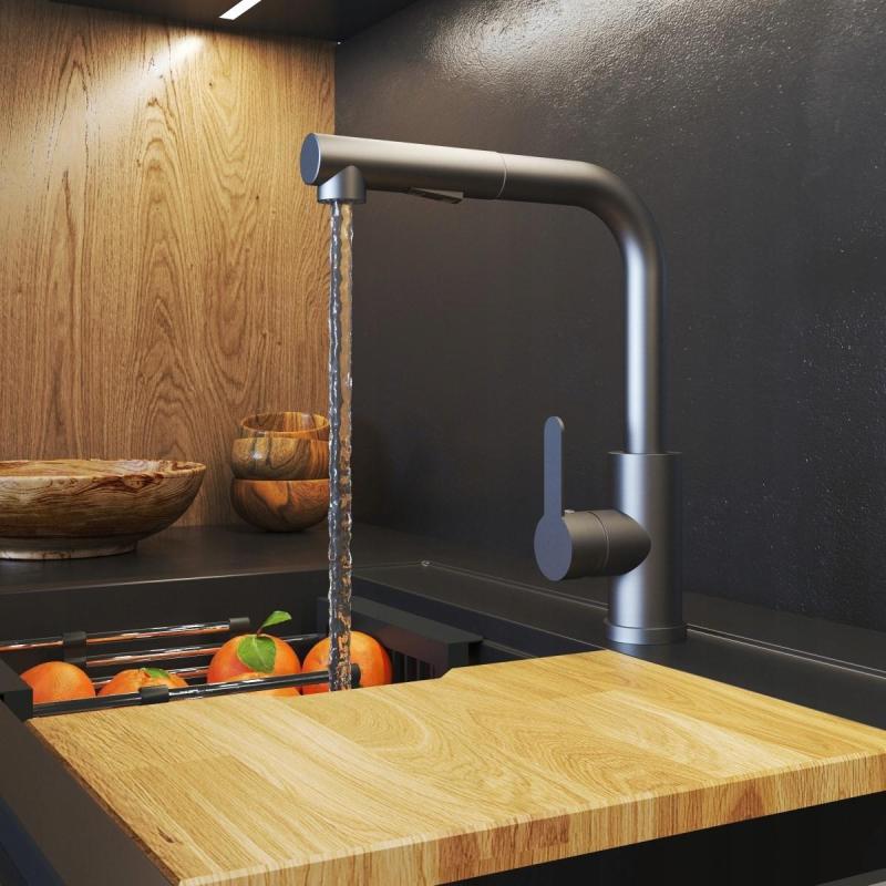 Graniteland Celeste Μπαταρία Κουζίνας Gun metal με Επεκτεινόμενο Ρύγχος και Διπλής Λειτουργίας Ντους Χεριού 1208970666