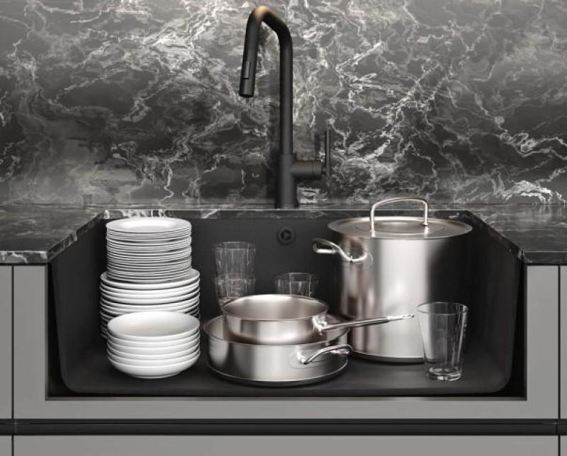 AquaGranite Modulo R19 μεγάλη μαύρη γρανιτένια νεροχύτη 76x43 cm υποκατασκευή και υπερκατασκευή με ανοξείδωτο βύσμα 1208970688