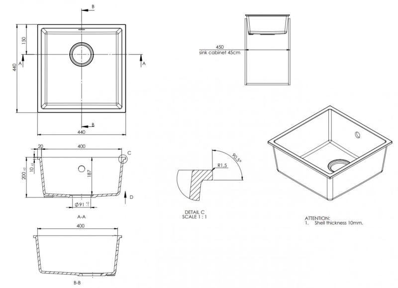 GraniteMy Universal Γρανίτης Γκρι, σκούρος Νεροχύτης 40x40 εκ. Επικαθήμενος, Υποκαθήμενος και Επίπεδος ενσωμάτωσης με Ροζέτα από ανοξείδωτο χάλυβα 1208970742