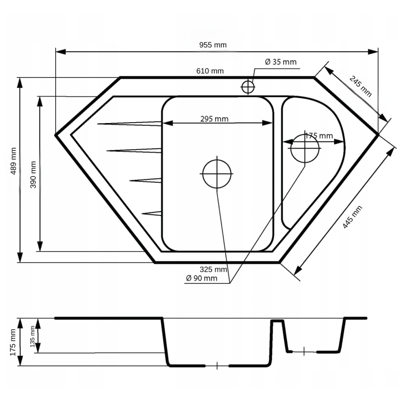Graniteland Amiata Γρανιτένιο μαύρο γωνιακό νεροχύτη επιφάνειας 955x489mm με ανοξείδωτο πώμα 1208971120
