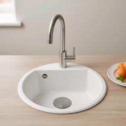 GraniteMy Bremen στρογγυλή γρανίτη νεροχύτη 43 εκατοστά λευκή επιφάνεια και υποβάθρο με οπή βρύσης με μεταλλική στοπ 1208971220 σε χρώμα gun metal