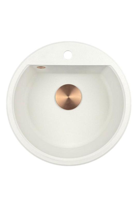 GraniteMy Bremen γύρος γρανίτης νεροχύτης 43 εκατοστά λευκός επικαθήμενος και υποκαθήμενος με τρύπα για βρύση με χάλκινο πώμα 1208971222