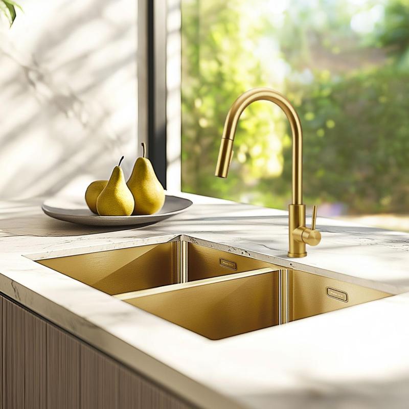 Pure.Sink Prestige Διπλό Χρυσό Νεροχύτης 70x40 εκ. 10mm ραδιοφάρδος εντοιχισμένος, επίπεδη κατασκευή και επικαθήμενη PPG343440-60