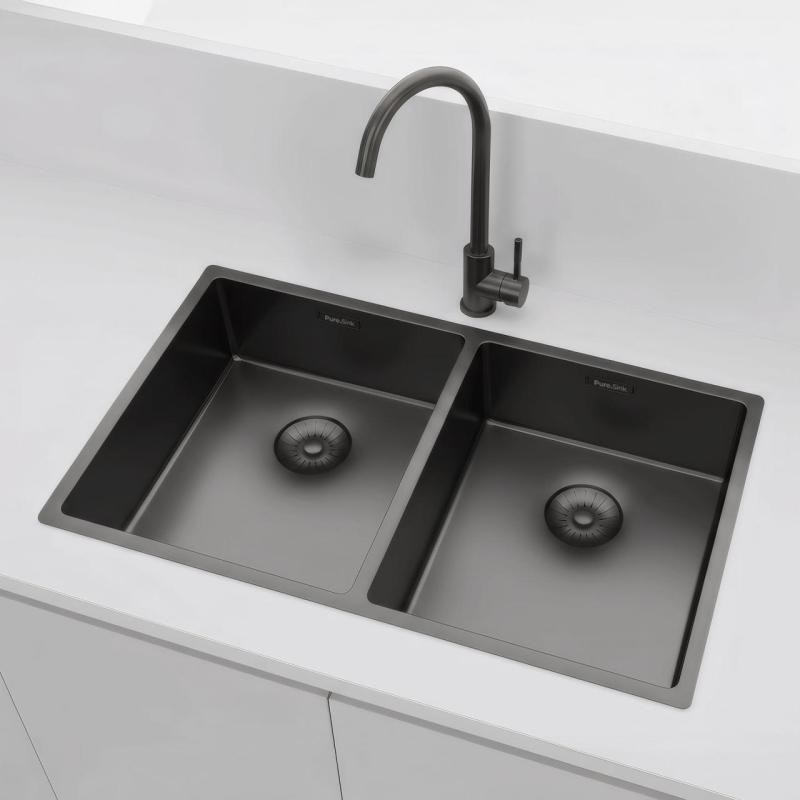 Pure.Sink Prestige Διπλός Νεροχύτης Gun metal 70x40 cm 10mm ακτίνα υποδομή, επίπεδη κατασκευή και επικατασκευή PPG343440-61