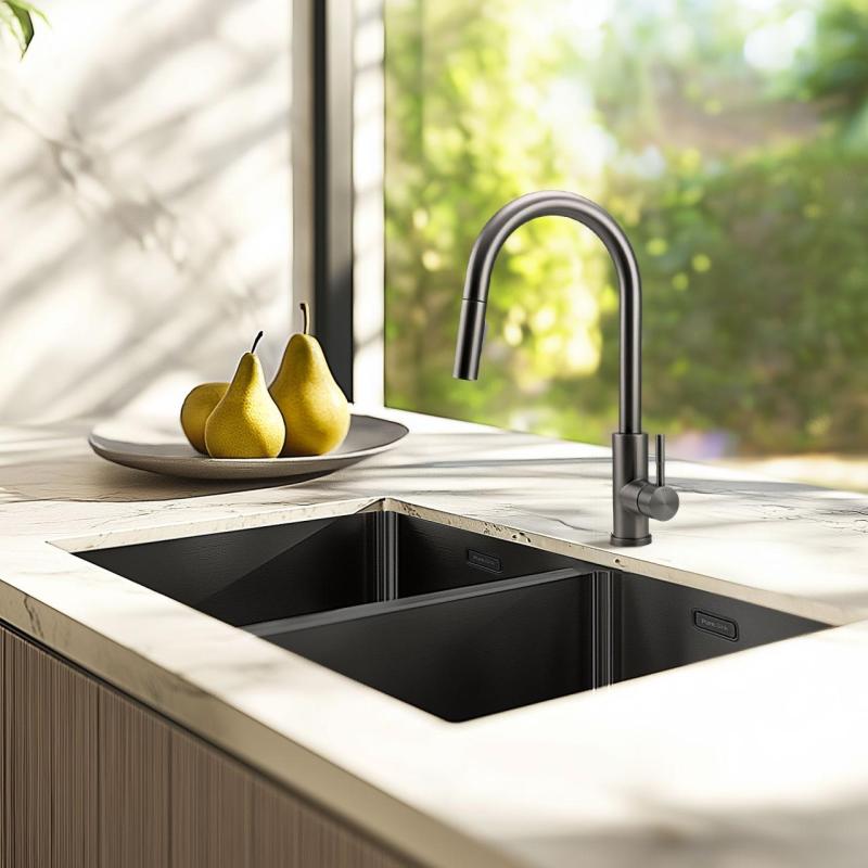 Pure.Sink Prestige Διπλός Νεροχύτης Gun metal 70x40 cm 10mm ακτίνα υποδομή, επίπεδη κατασκευή και επικατασκευή PPG343440-61