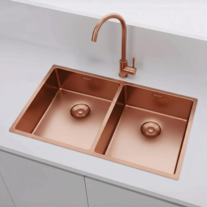 Pure.Sink Prestige Διπλός χάλκινος νεροχύτης 70x40cm ακτίνα 10mm εντοιχισμένος, επίπεδη επιφάνεια και επιφάνεια εργασίας PPG343440-62