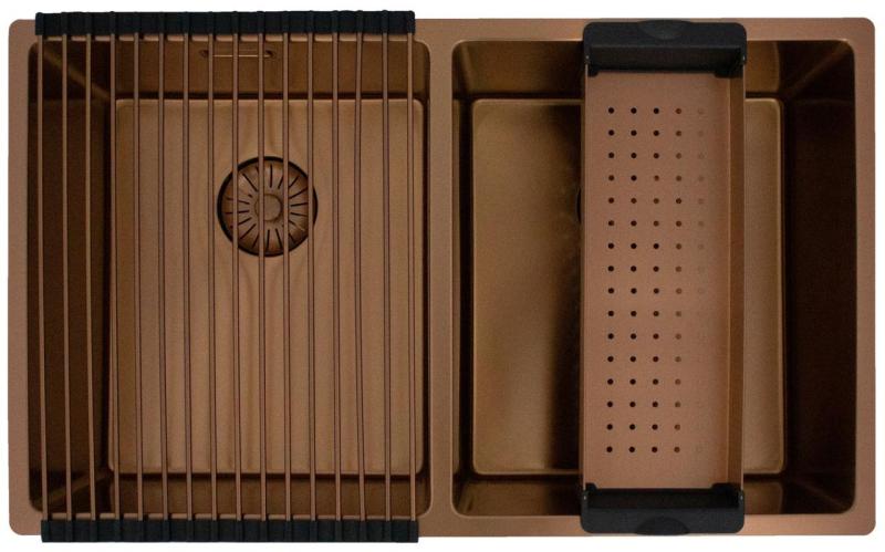 Pure.Sink Prestige Διπλός χάλκινος νεροχύτης 70x40cm ακτίνα 10mm εντοιχισμένος, επίπεδη επιφάνεια και επιφάνεια εργασίας PPG343440-62